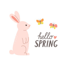Hello spring design with cute pink rabbit and butterflies. Design element for cards, posters, postcards and stickers. Isolated vector illustration