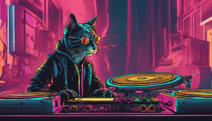 Cartoon Cat DJ in Action with Headphones and Turntable Generative AI
