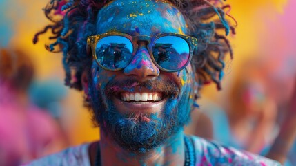 A positive, smiling, fun man wears blue sunglasses all stained with colorful paint celebrating Holi festival with friends outdoor in a park. On a background of color dust, smoke, and powder clouds he