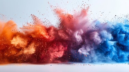 Painterly Holi powder festival with multicolored explosions on white background. Colorful dust explodes.