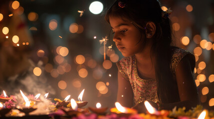 A young girl, face not visible, is seen participating in Diwali with lit diyas and sparklers, conveying warmth and tradition