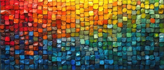 Colorful Mosaic Tiles, Vibrant Artwork of Colorful Glass Pieces, A Rainbow of Shards in a Painting, Mixed Media Art with Multi-colored Squares.