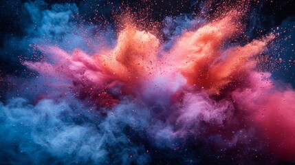 A colored powder explosion is shown against a gradient dark background. The motion is frozen.