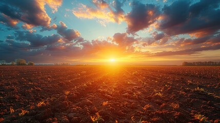 red sunset over ploughed farm field - obrazy, fototapety, plakaty