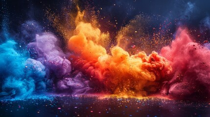 Fototapeta premium Stunning rainbow holi paint color powder explosion isolated on dark black background. Rgb gaming beautiful party festival concept.