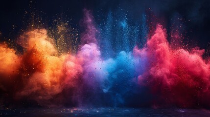 The colorful rainbow holi paint color powder explosion garland banner is isolated on a dark black background. - obrazy, fototapety, plakaty