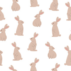 Seamless pattern with cute rabbits on white background. Template for cards, posters, postcards, wallpaper, print. Vector illustration