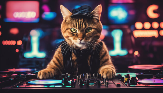 Cool Cat DJ Mixing Tracks at Nightclub Scene Generative AI