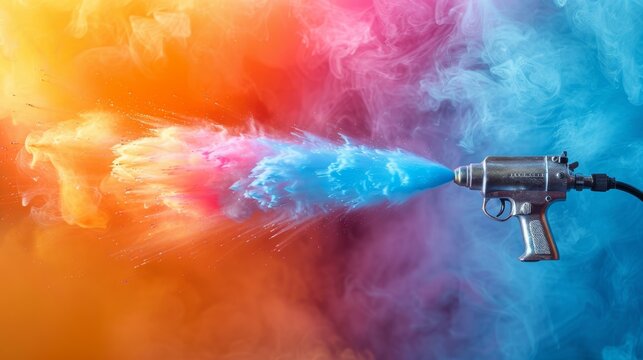 Isolated on white panorama background, professional chrome metal airbrush acrylic color paint gun tool with colorful rainbow spray holi powder cloud explosion of industry art scale model modelling