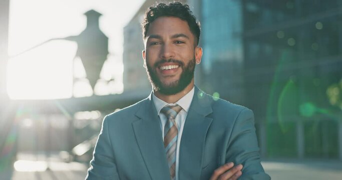 City, portrait and confident businessman with smile, opportunity or realtor on morning commute. Office buildings, face of happy man or professional urban real estate agent with arms crossed on street
