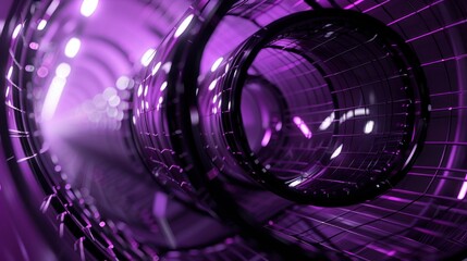 Naklejka premium Purple Mathematical Geometric Cylinder under Black-White Spot Lighting Background. Conceptual image of technological innovations, strategies and revolutions. 3D CG
