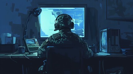 Cybersecurity expert monitoring network activity at night, military style operations room, secure data center environment. AI