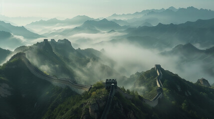Panoramic landscape of the Great Wall meandering through mist-covered mountains at dawn