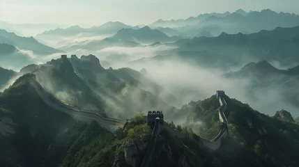 Foto auf Acrylglas Chinesische Mauer Panoramic landscape of the Great Wall meandering through mist-covered mountains at dawn