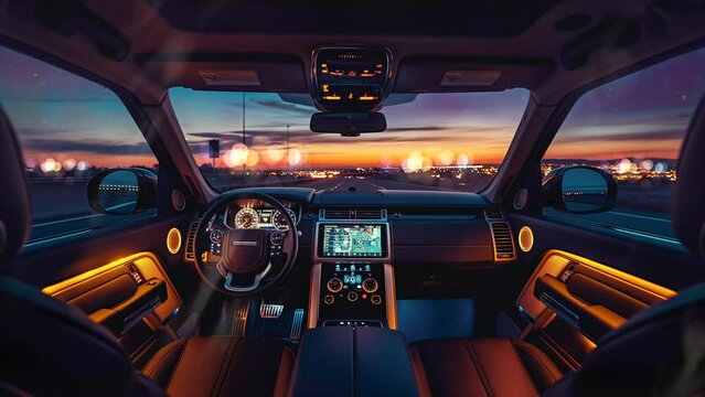 image from the backseat perspective inside an upscale SUV at night, lights glowing on the dashboard, black leather interior, cozy, comfortable