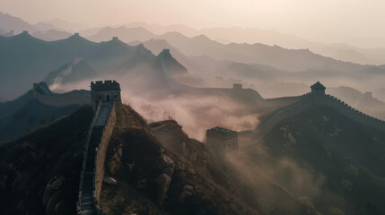 The Great Wall of China enveloped in morning mist, captured at sunrise, epitomizing endurance and history - obrazy, fototapety, plakaty