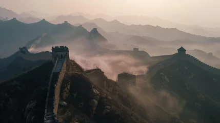 Foto op Canvas The Great Wall of China enveloped in morning mist, captured at sunrise, epitomizing endurance and history © Daniel