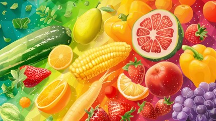 Rainbow background of vegetables and fruits. Stock illustration. 