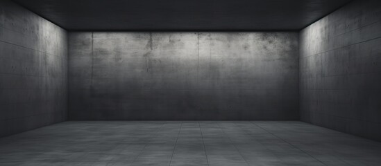 A room with dark concrete walls and floor is depicted. The space appears empty, devoid of furniture or decor. The starkness of the concrete surfaces dominates the atmosphere.