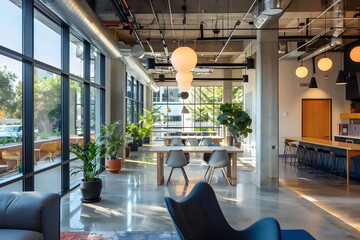 A modern work space or restaurant with minimalistic design and natural light coming through windows - obrazy, fototapety, plakaty