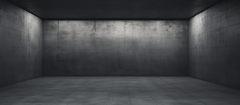 A room with dark concrete walls and floor is depicted. The space appears empty, devoid of furniture or decor. The starkness of the concrete surfaces dominates the atmosphere.