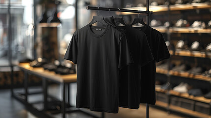 Men's black blank T-shirt template, two sides, natural shape on invisible mannequin, for your...