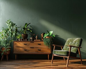 3D Rendered Home Interior with Green Decor, Dresser, Lounge Chair, and Plants