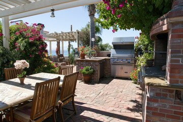 Fototapeta na wymiar Al Fresco Dining: Stylish Patio Kitchen and Barbecue Area with Garden Views