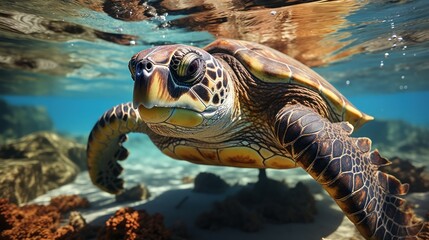 Hawaiian Green Sea Turtle swimming underwater - obrazy, fototapety, plakaty