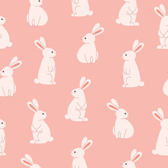 Seamless pattern with cute pink rabbits on pink background. Template for cards, posters, postcards, wallpaper, print. Vector illustration