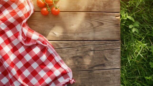 Sunlit Vintage Red Checkered Picnic Tablecloth on Wooden Table with Tomatoes and Grass Texture Background with Copy Space. Top View, From Above