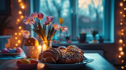 Warm Morning Light Bathes a Homely Kitchen Table Set with Fresh Baked Goods and Eggs