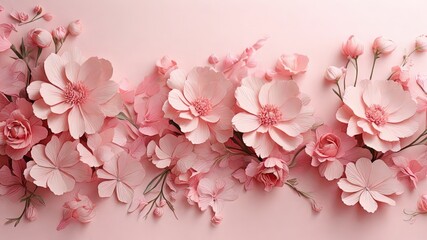 An elegant pink floral background, perfect for wedding invitations, romantic themes, and spring events. High quality image showcasing a variety of flowers - obrazy, fototapety, plakaty