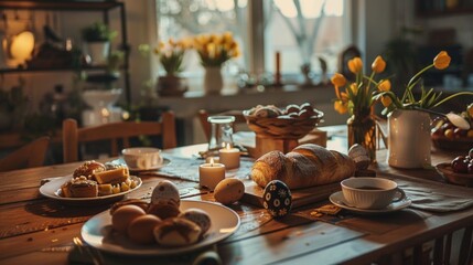Warm Morning Light Bathes a Homely Kitchen Table Set with Fresh Baked Goods and Eggs