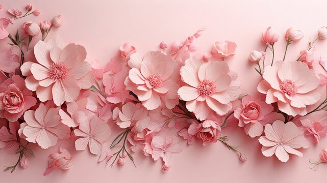 An elegant pink floral background, perfect for wedding invitations, romantic themes, and spring events. High quality image showcasing a variety of flowers