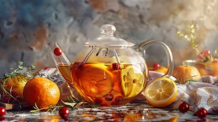 Foto op Plexiglas Homemade healthy hot fruit tea with fresh ripe orange, apple, mint leaves and twigs of thyme in glass teapot or kettle © Nataliya