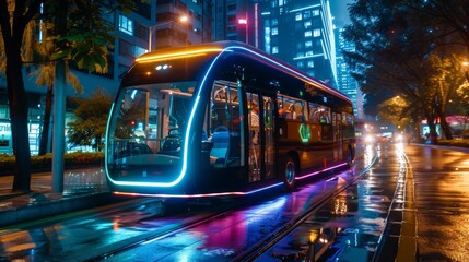 Futuristic Autonomous Bus Illuminated with LED Lights Navigating Through a Rainy City Night