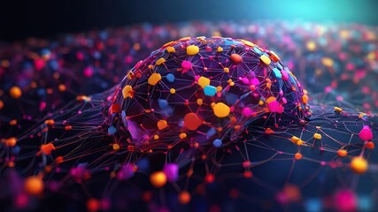 A vibrant 3D render of interconnected, colorful spheres and lines against a dark, cosmic backdrop. Ideal for representing networks, connections, or technology - obrazy, fototapety, plakaty
