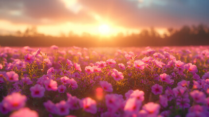Spring, vast field full of colorful flowers in full bloom