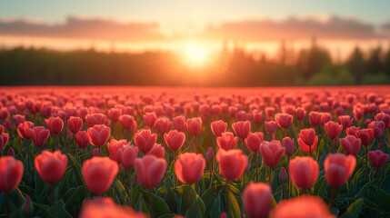 Spring, vast field full of colorful flowers in full bloom