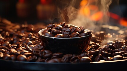 hot coffee bean accompanied with smoke and smoke