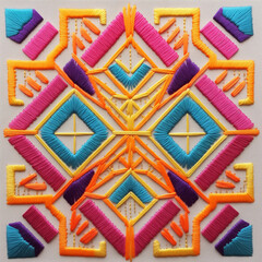 A close-up of colorful decorative embroidery in ethnic style. Rhombuses of pink and blue creating an abstract geometric pattern. AI-generated