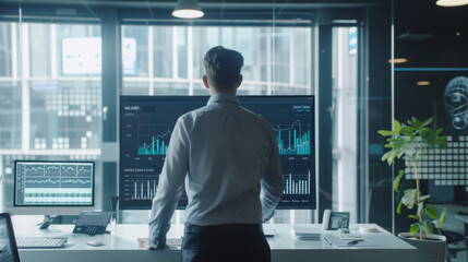 A focused businessman stands analyzing financial trends on large computer screens in a sleek corporate office environment - obrazy, fototapety, plakaty