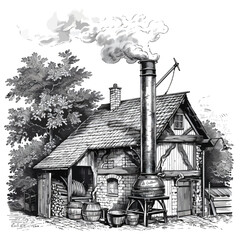 Steam heating East Bavarian vintage engraved illustration