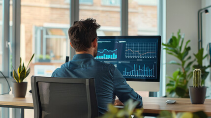 An expert carefully assesses financial information on a computer within a bright, plant-adorned office space