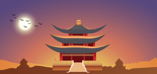 Obraz premium Chinese temple in the morning with fantasy sky vector illustration