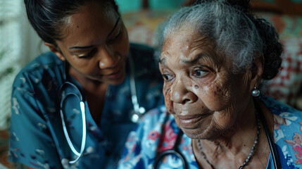 An older lady is assisted by a medical professional who is obscured from view, highlighting elderly care