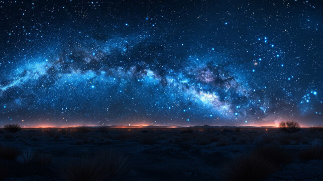 This striking image showcases the stunning Milky Way galaxy as it appears to cascade over a desert landscape lit by a glow on the horizon