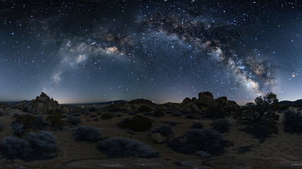 Breathtaking panoramic view of a desert under a star-filled sky, highlighting nature's grandeur and vastness