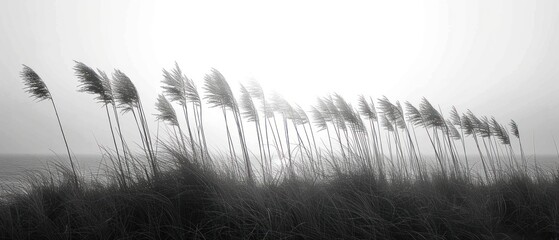Windy Shore, Blowing Reeds, Seaside Serenity, Gentle Breeze. - obrazy, fototapety, plakaty
